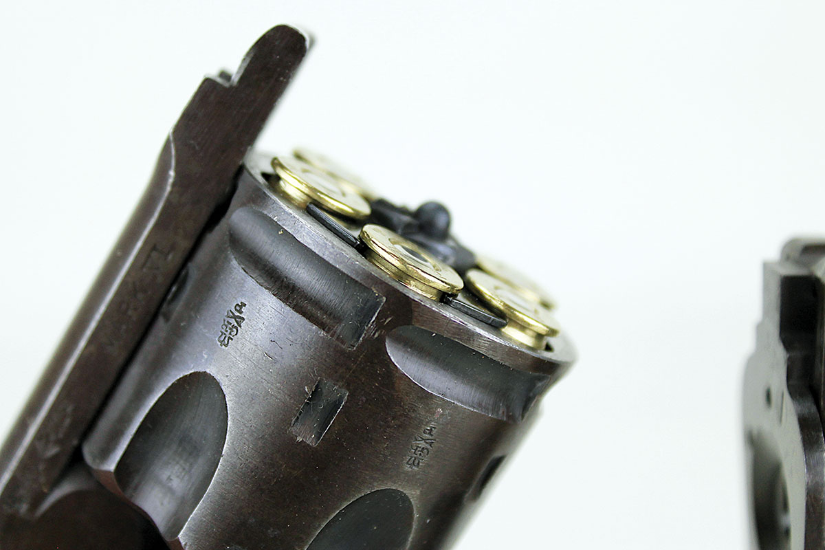 Moon clips make the use of 45 ACP cases in the Webley possible.